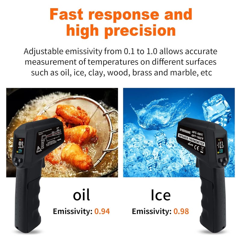 AHOSOUTLY Infrared Thermometer Temperature Gun -58℉~ 1022℉ (-50℃ ~ 550℃) Non-Contact Instant-Read Digital Laser Infrared Ir Thermometer with Color Screen (Black) - Image 2